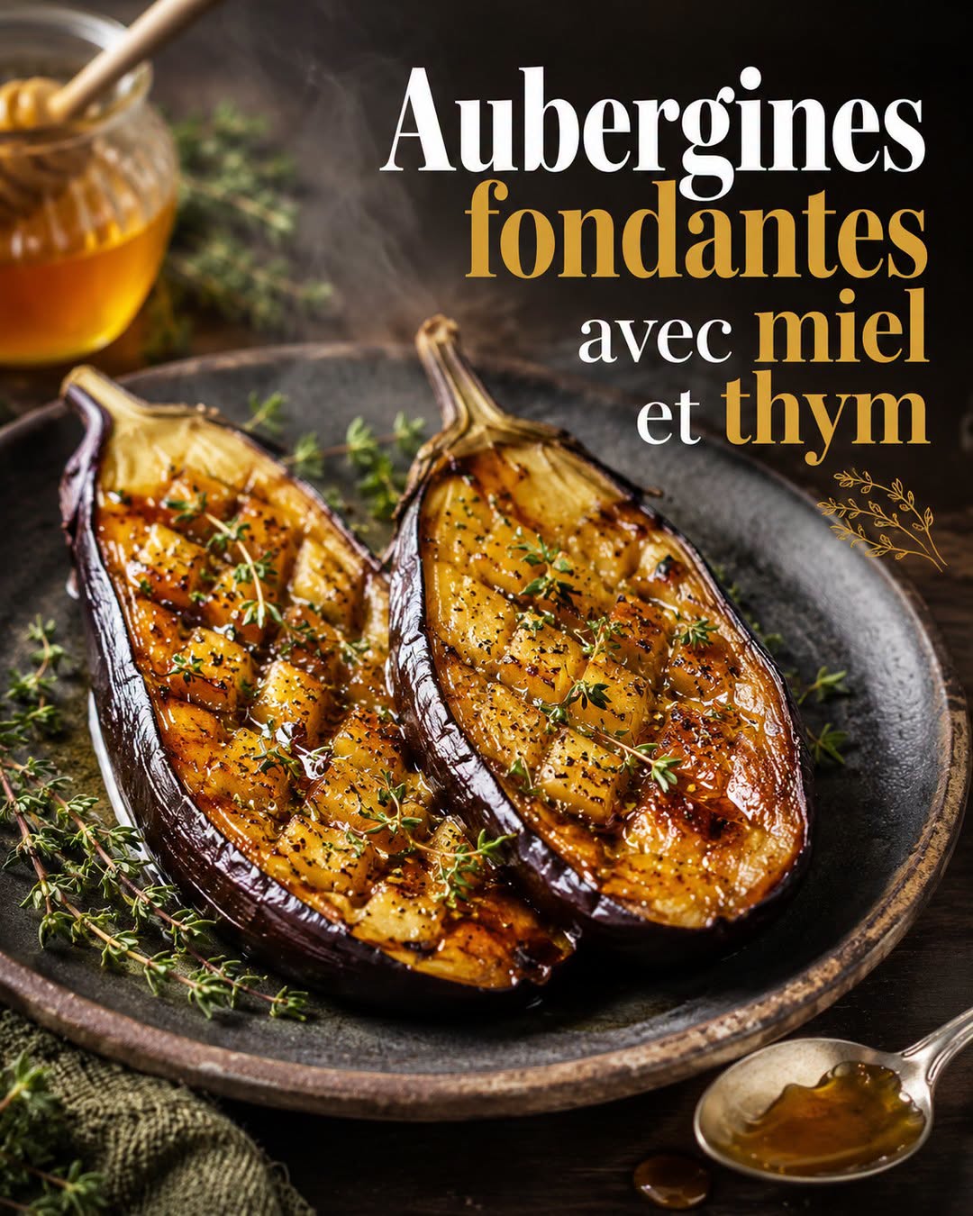 Aubergines fondantes au miel et au thym