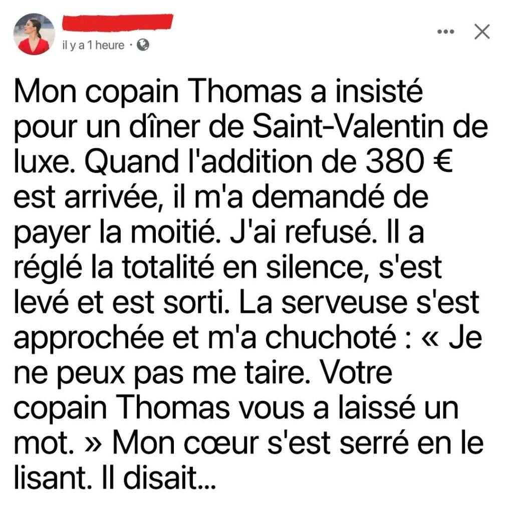 Mon copain m’a demandé de partager l’addition de la Saint-Valentin ce qui s’est passé ensuite a mis fin à notre relation de 7 ans